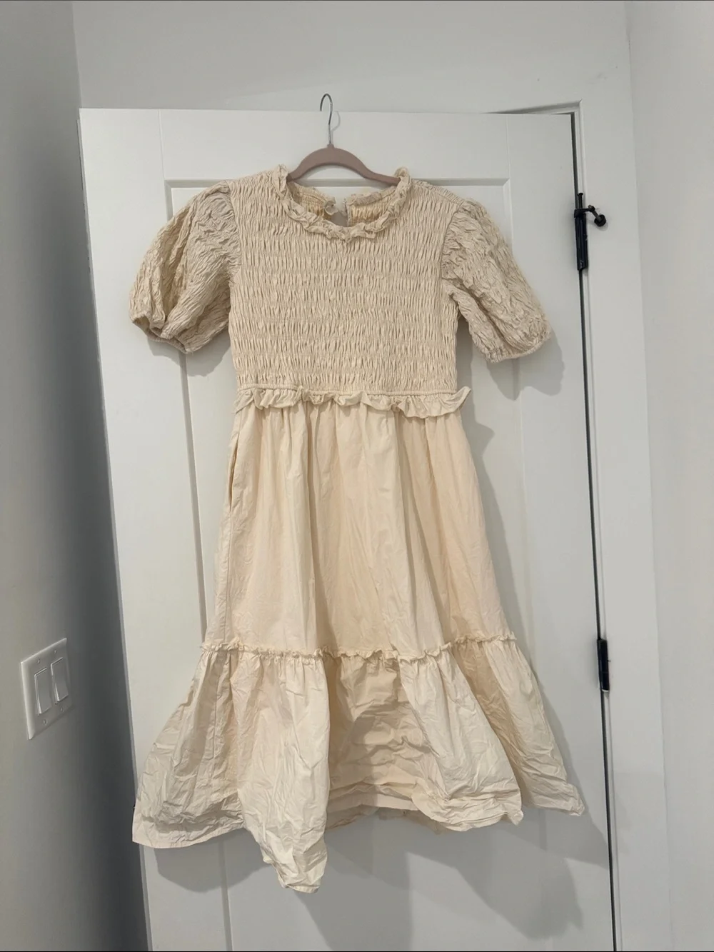 Listicle Cream Smocked Puff Sleeve Midi Dress